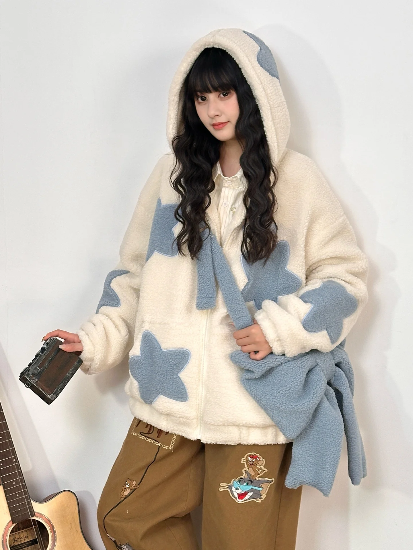 

Original Lamb Fur Embroidered Thiened Cotton Jaet Women Winter Loose Fluffy Hooded Cotton Clothes Street Sle Long Sv...