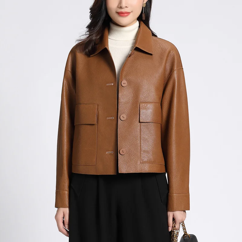 Autumn 2020 new leather jacket women's sheep leather loose fit fashion short leather square collar