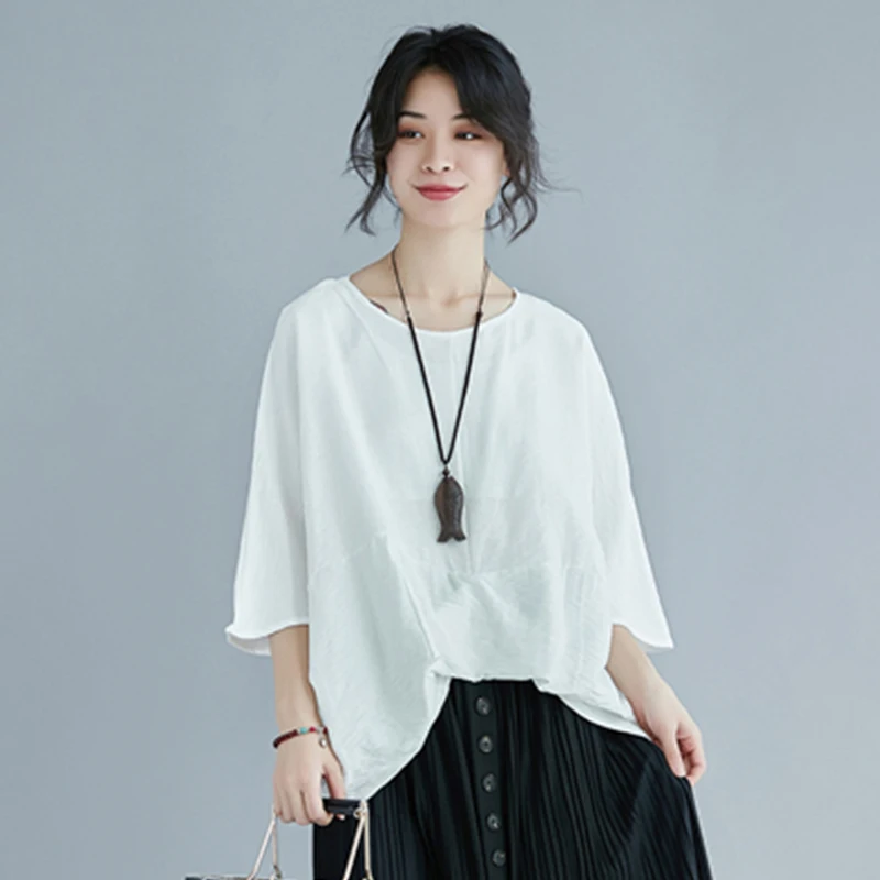 Verão novo sle artístico assimétrico batwing sve algodão linho camiseta tamanho grande feminino retalhos cor na moda topo