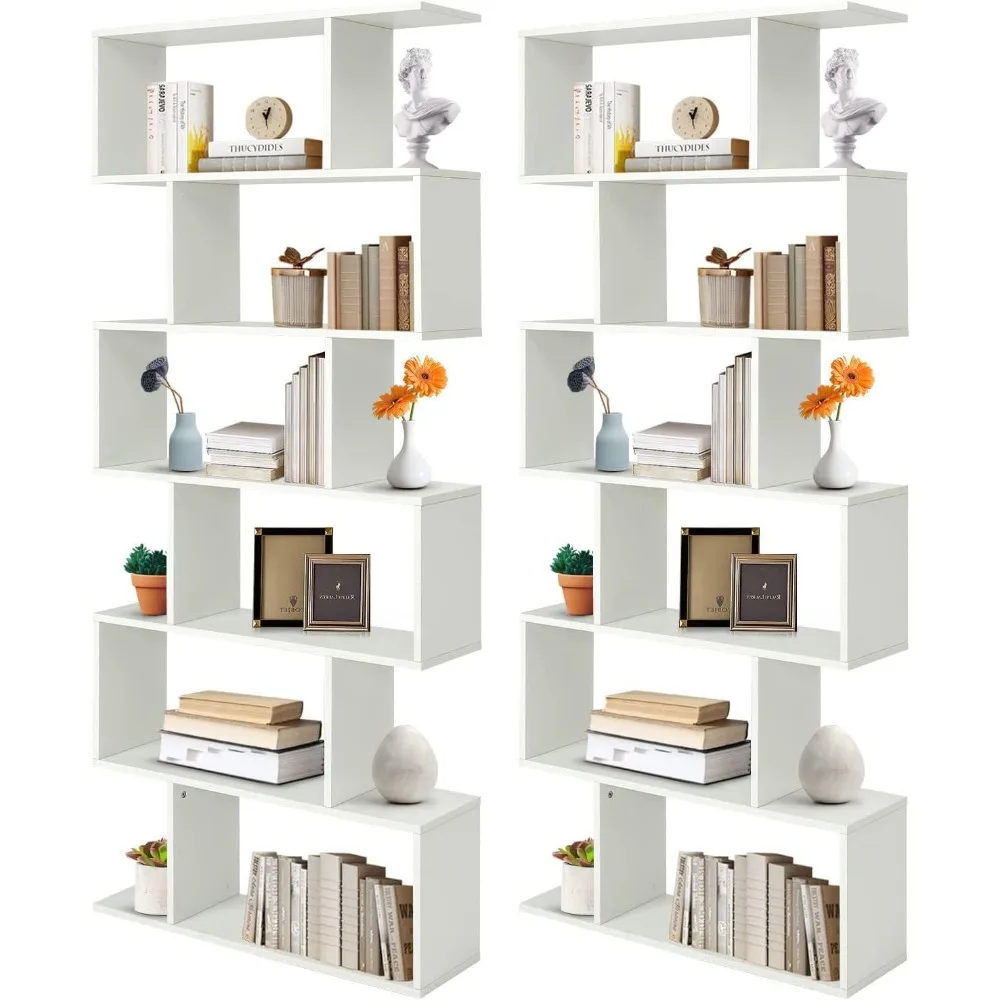 

Geometric Bookcase Set of 2, S-Shaped Wooden Bookshelf, 6-Tier Modern Freestanding Decorative Storage Display Shelves for Bedro