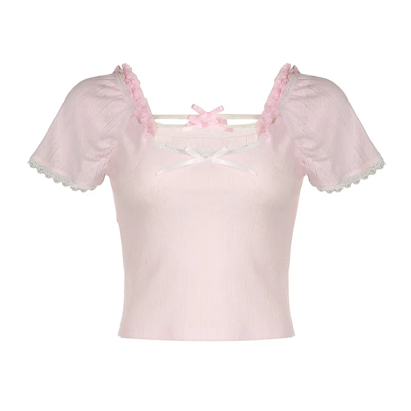 Pink T-Shirts for Sweet Girls Summer Tops Tee Lace Trim O-Neck Bows Cute TShirts Kawaii Clothes