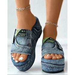 Casual Women Letter Label Decor Platform Denim Slippers Summer Fashion Wide Strap Wedges Outdoor Femme Going Out Shoes Traf