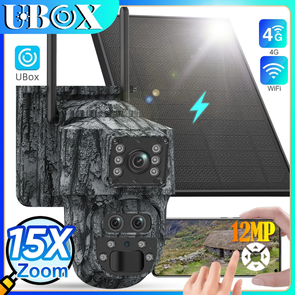 

Ubox 4G Solar Camera 12MP Dual Screen 15X Zoom Outdoor WiFi Hunting Cameras 4G Trail Cameras PIR Human Detection Auto Tracking