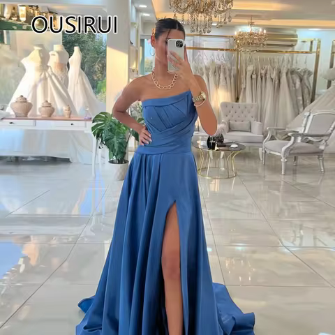 Women's One Shoulder Satin Pleated Evening Party Dress A-line Backless Lace up Court Side Slit Evening Dubai Dress Customized