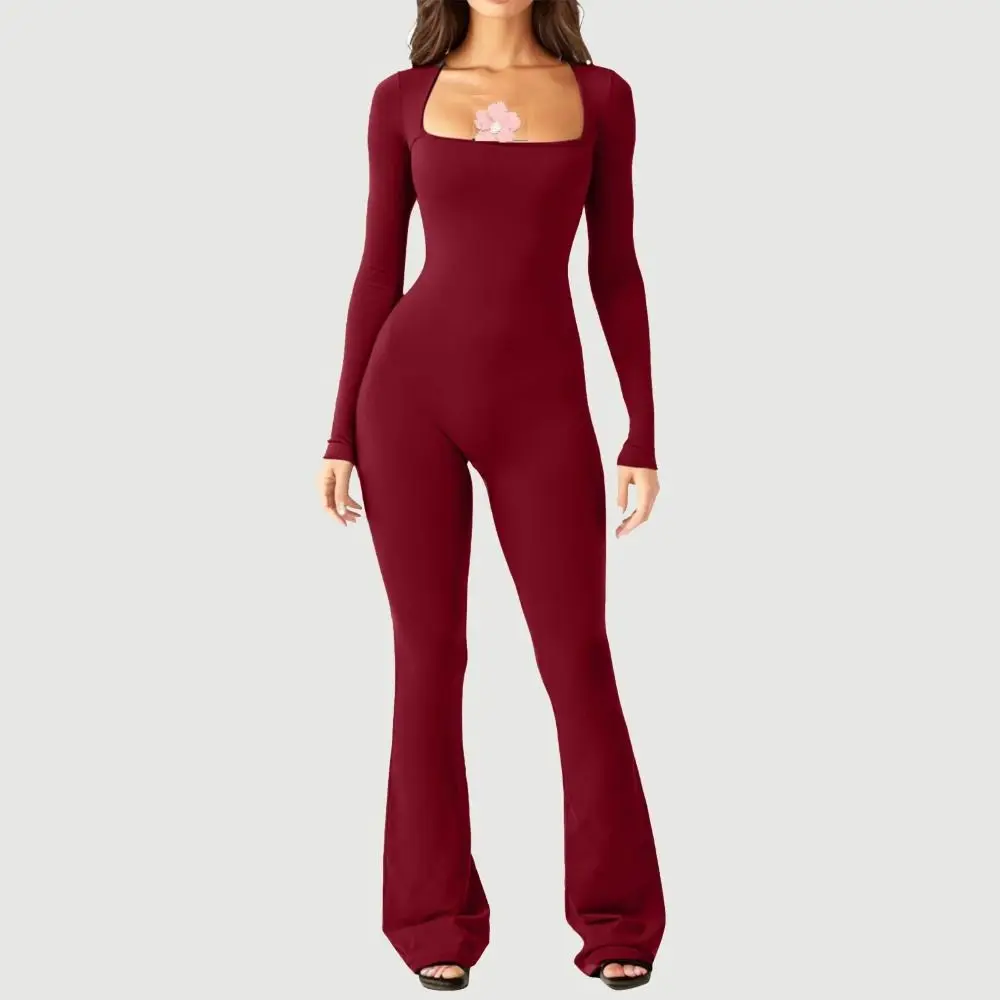 Long Sleeve Wide Leg Pants Jumpsuit Slim Fit Square-neck Square-neck Neckline Jumpsuit Wide Leg High-elastic