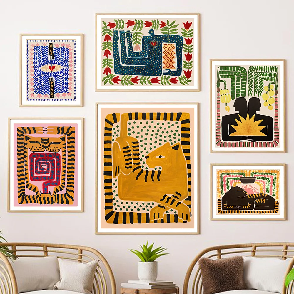 Affiche Boho abstraite colorée de l'egypte ancienne, figurine de tigre et de léopard, imprimés d'art muraux, peinture sur toile, images de décoration pour salon