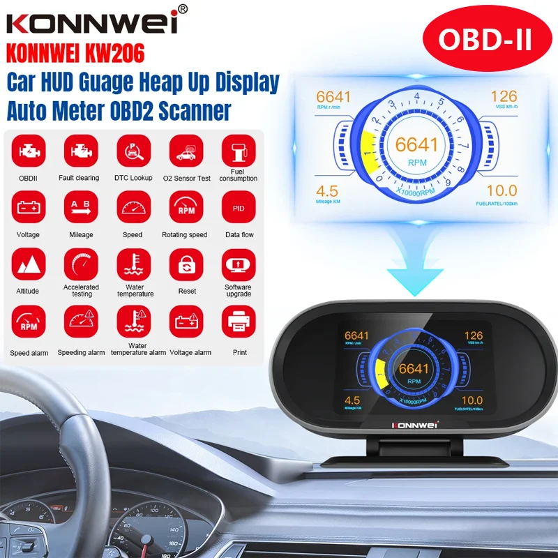 

Новинка 2026, автомобильная диагностика KONNWEI KW206 HUD OBD2, автомобильный адаптер для чтения кодов, сканер, автоинструменты, бортовой компьютерный дисплей