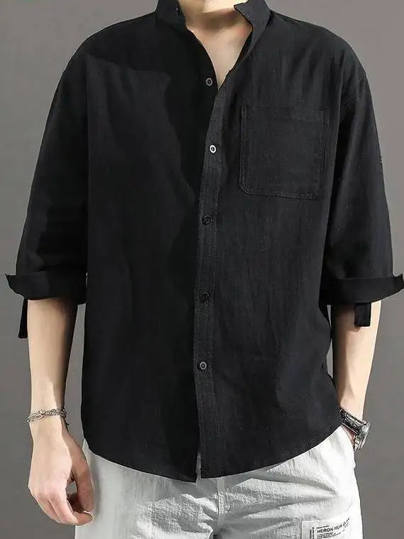 

Мужская хлопково-льняная рубашка с коротким рукавом и воротником-стойкой в корейском стиле, модный топ для мужчин среднего и старшего возраста