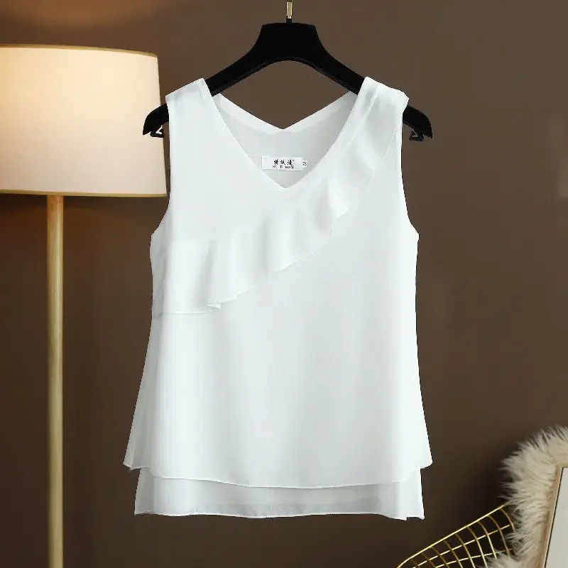 Summer Oversized Women Blouse Shirts Elegant Tops Sleeveless Casual Loose Solid Chiffon Ruffles Vest Cozy Women Clothing blusas