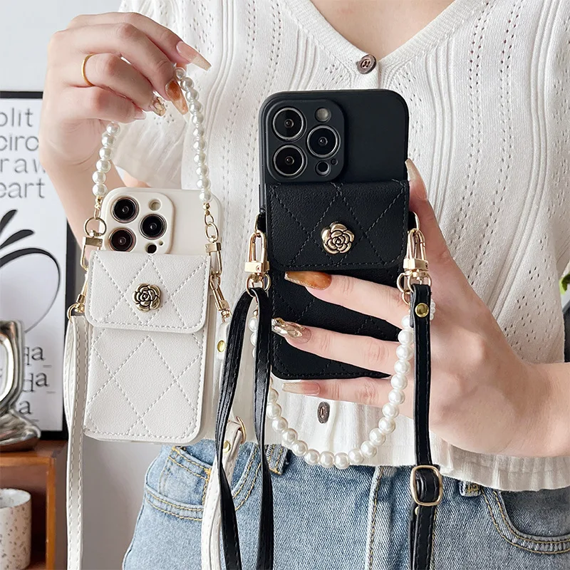 

Metal Rose Pearl Chain Card Bag Thickened Anti Drop For iPhone 15 14 13 12 11 ProMax Single Shoulder Crossbody Phone Case