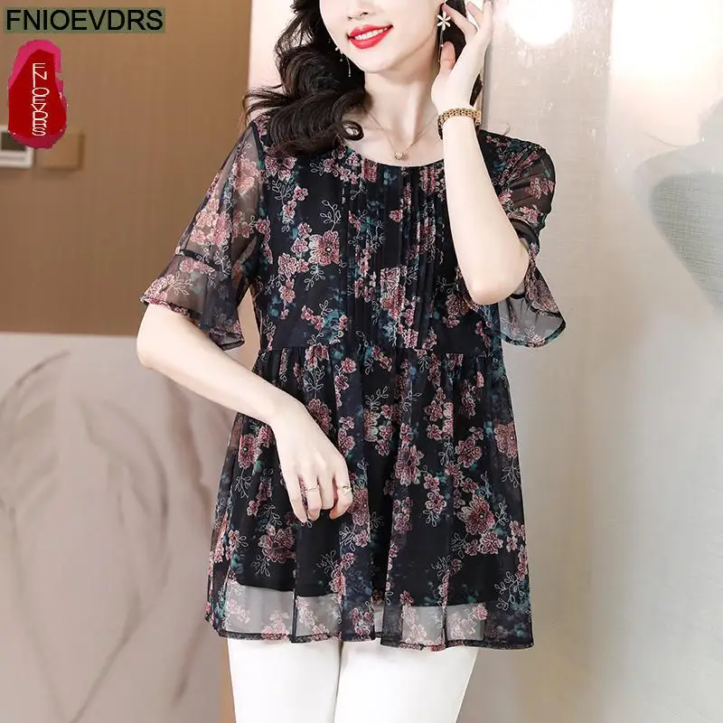 L-5XL Loose Clothes Women 2023 Summer Elegant Office Lady Long Shirts Casual Retro Vintage Ruffles Floral Peplum Tops Blouse