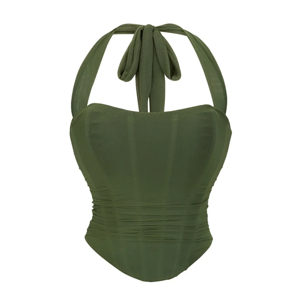 

Women Mesh Lace-up Overbust Corset Crop Tops Sexy Gothic Halter Backless Bustier Lingerie Camisole Summer Shaper Corselet