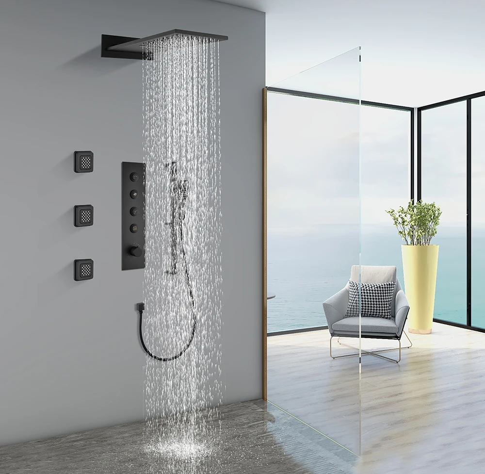 

Embedded Concealed Shower Faucet Set with Four Functions, Waterfall Outlet, Three Side Showers,Adjustable Rod black Shower head