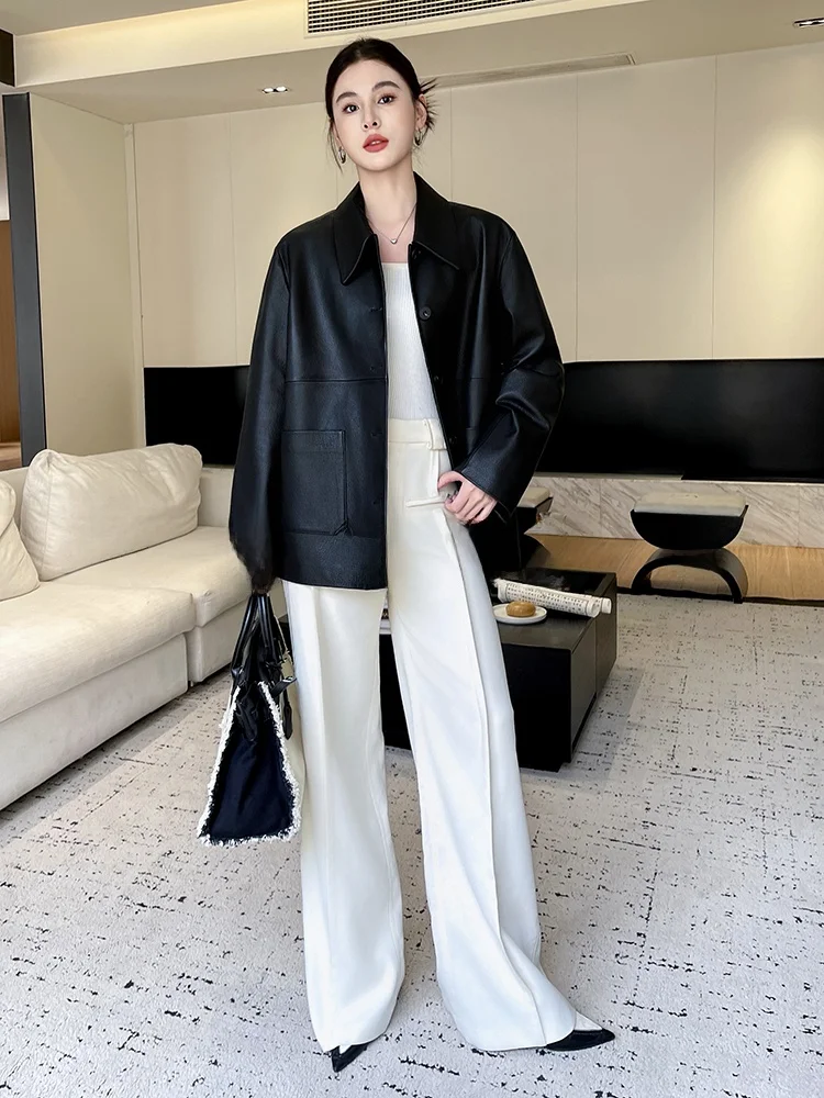 2026年春 レトロ襟付き羊革レザージャケット レディースミディアム丈コート 本革アウター サイズC