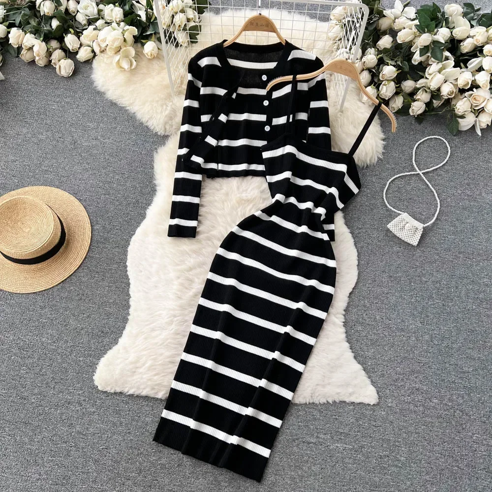 

NMZM Korean Sweet Pop Color Patch Striped Strap Dress and V-neck Long Sleeve Cardigan 2-piece Set