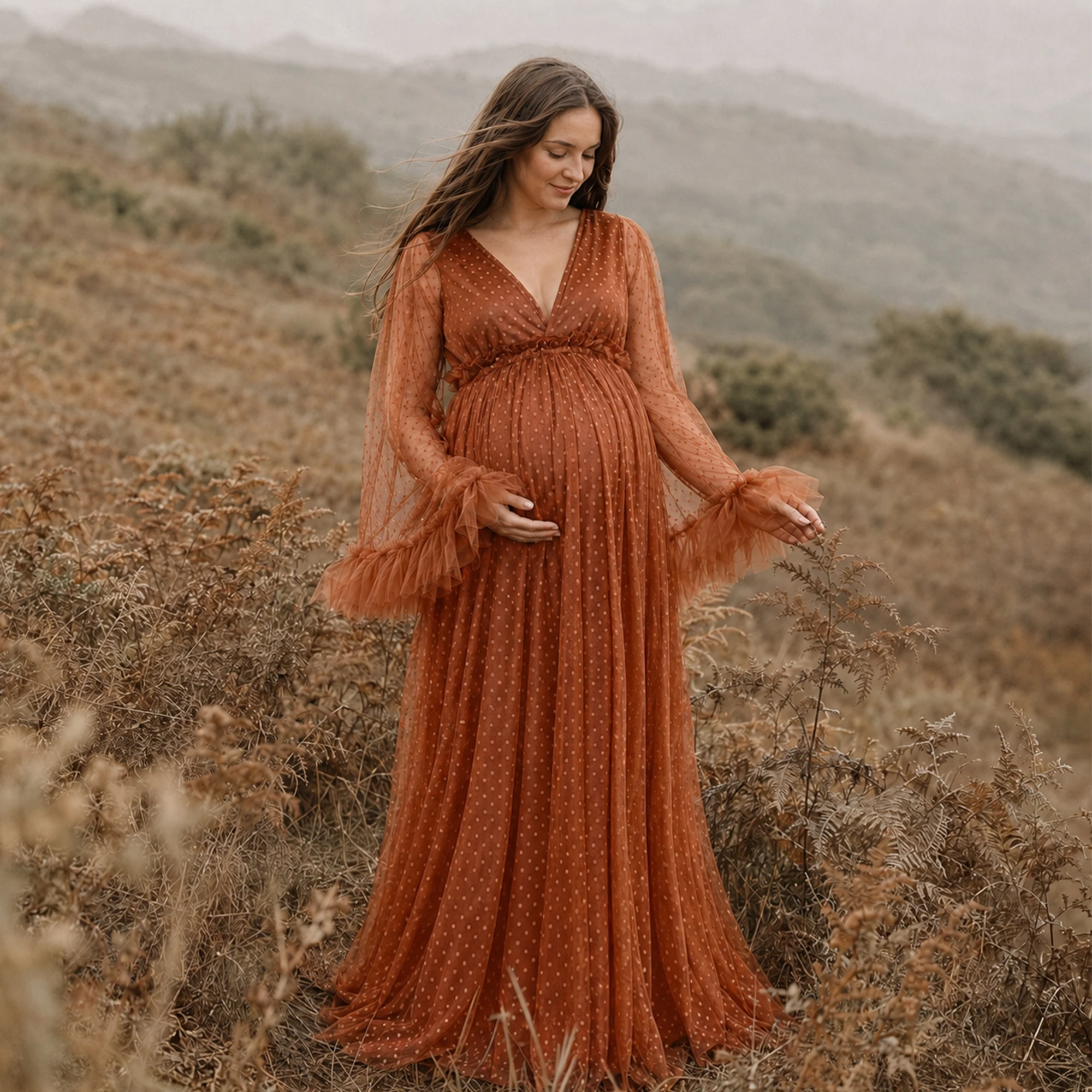 Don&Judy Polka Dot Tulle Long Sleeve V-Neck Rust Maternity Dress Baby Shower Gown for Maternity or Non-maternity Photography