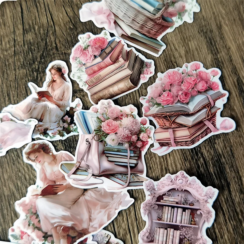 Watercolor Retro Pink Girls Reading Books  Watercolor Plants  Hand Account Stickers Cute Crafts and Scrapbooking  Planner