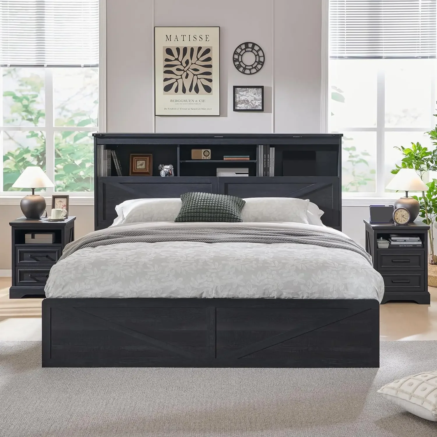 

King Size Wood Bed Frame Farmhouse with 52" Tall Storage Bookcase Headboard, LED Light,Charging Station,Black
