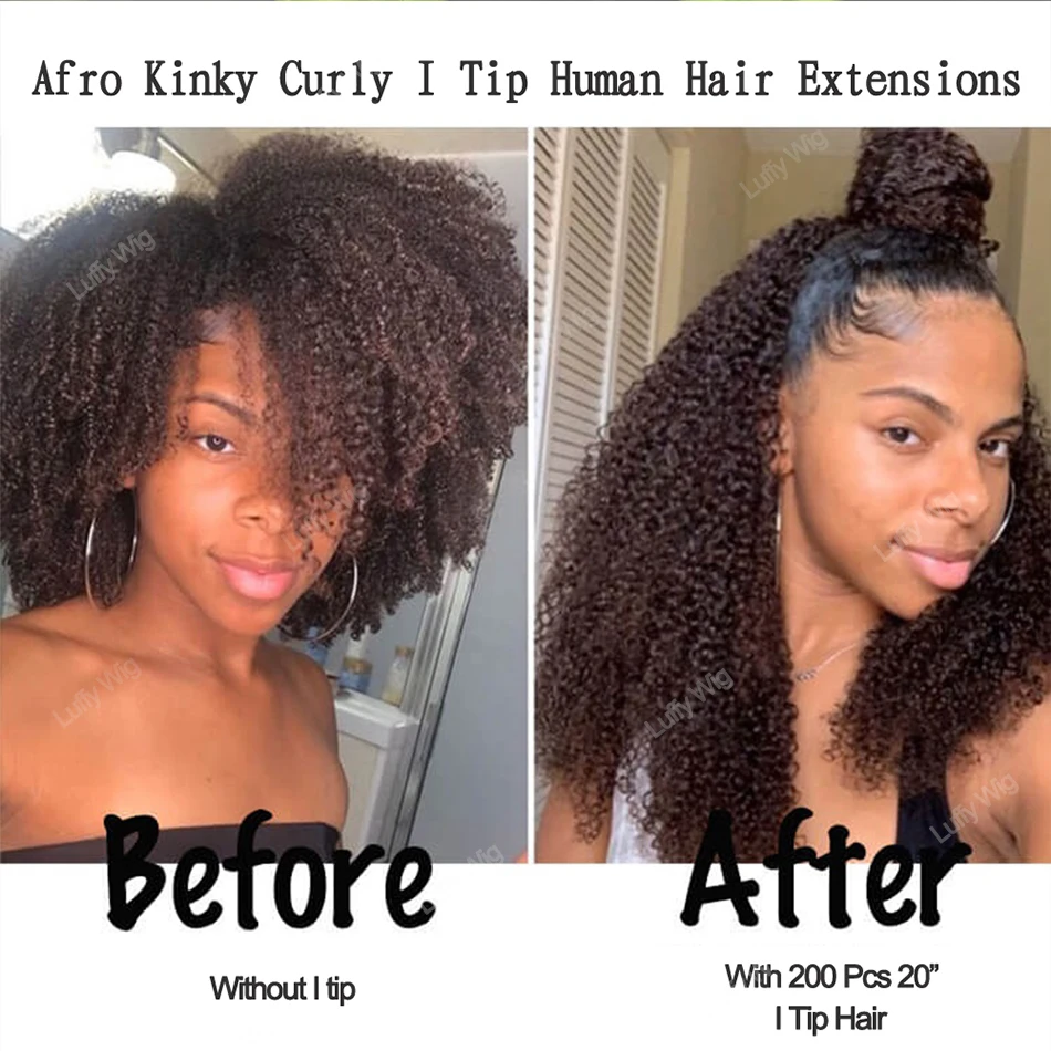 Afro Kinky Curly I Tip Hair Extensions Human Hair Real Mongolian Remy Fusion Hair Bundles I Tip Curly Human Hair For Black Women