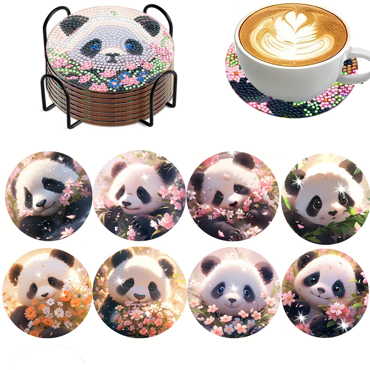 8-piece set with bracket diamond painting set, animal themed coaster set, sparkling diamond art wooden mosaic craft set