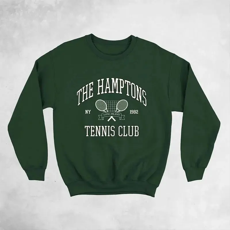 Hampton Tennis Club 1982 Vintage Printed American Fashion Women\'s Crew Neck Loose Cotton Fleece Pullover Sweatshirt