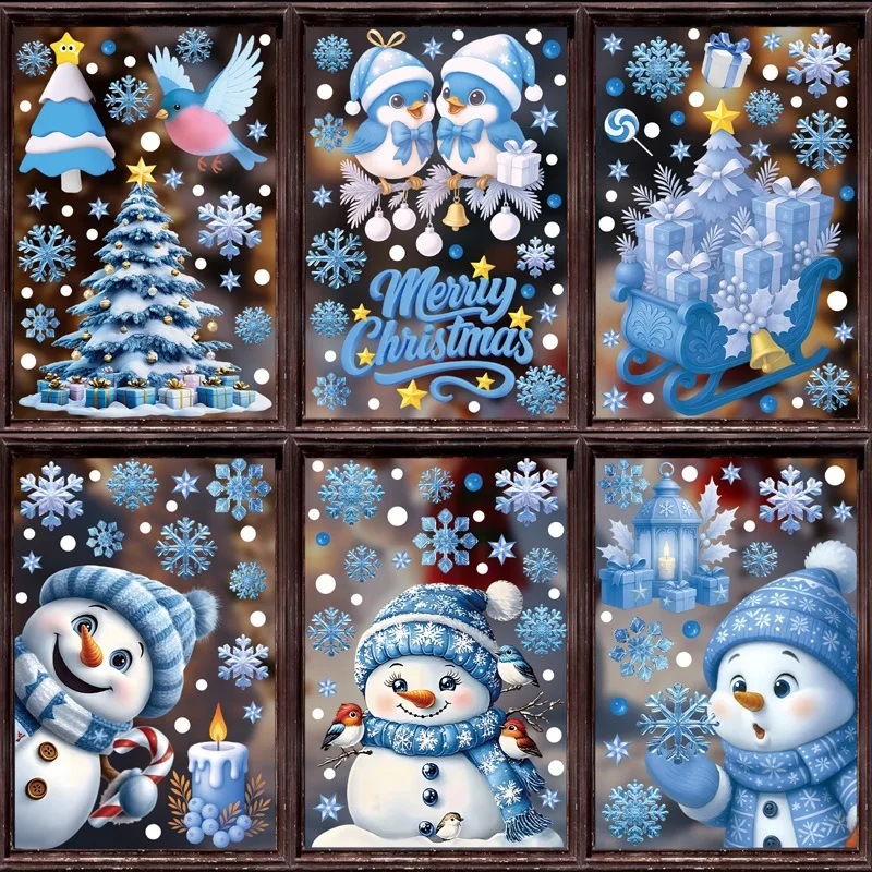 Santa Claus Stickers Blue Snowman Window Decorations Glass Static Stickers Christmas Decorations Snowflake Window Stickers