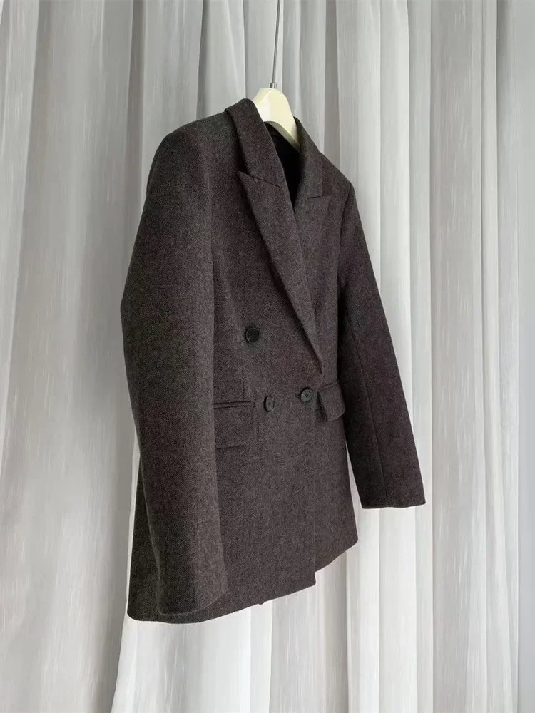 Back Embroidery Women 's Solid Color Double Breasted Herringbone Woolen Blazer Fall Winter Fashion
