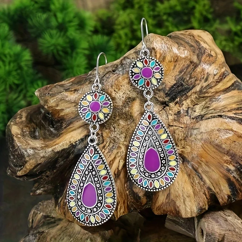 Bohemian Ethnic Alloy Water Drop Earrings for Women Retro Multicolor Drop Oil Dangle Earrings Party Daily Vacation Jewelry