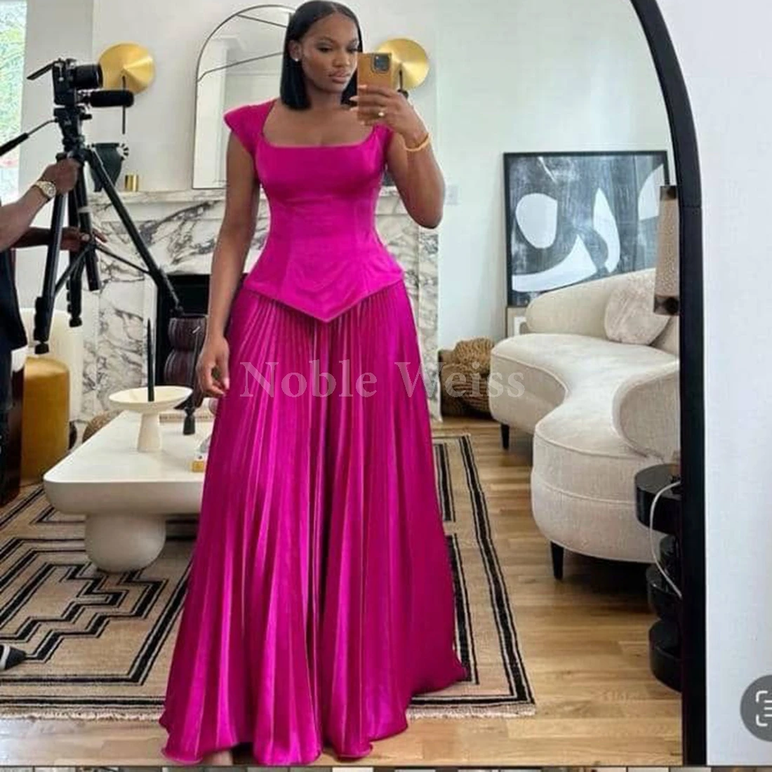 

Elegant Square Neck A-Line Evening Dress Pleat Floor Length Party Gown Customize