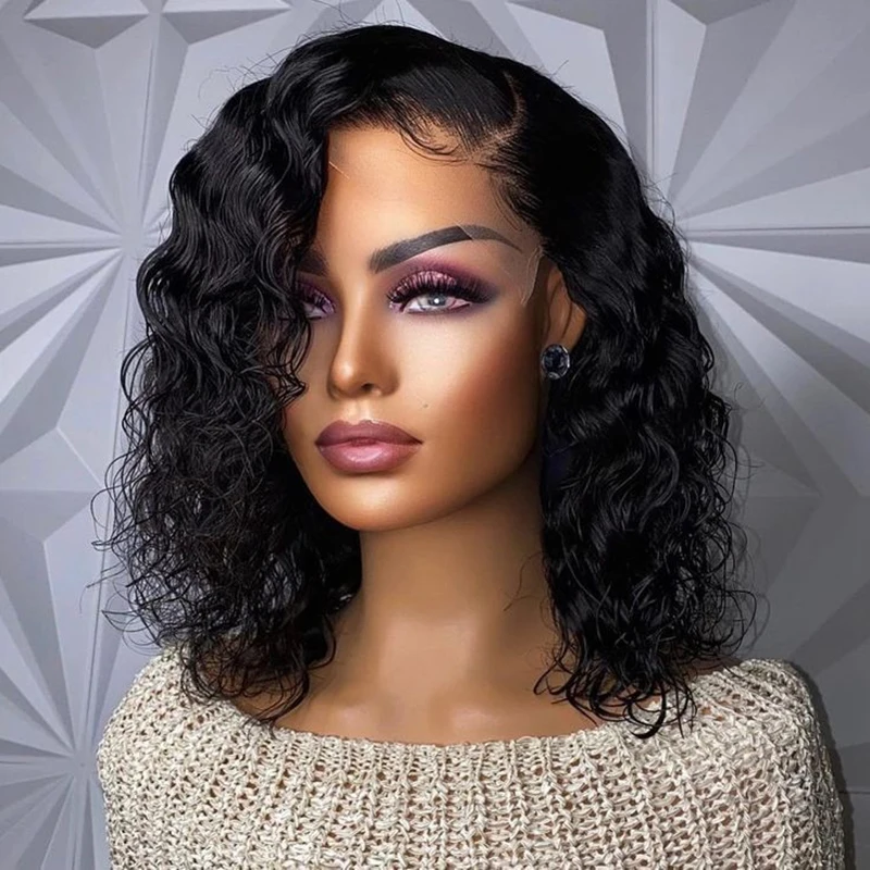 Indian Short Bob Wig Water Wave Human Hair Lace Front Wigs for Women Remy Hair Pre Plucked 4x4 Closure Wig Water Curly