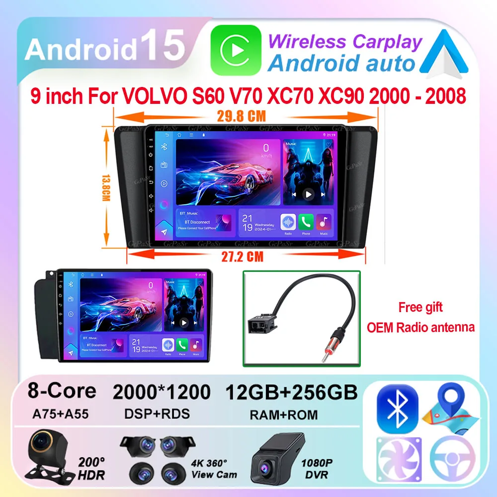 

For Volvo XC70 V70 S60 2004 2005 2006 2007 2008 2009 Android Auto Carplay Car Radio Multimedia Video Player WIFI+4G DSP Stereo