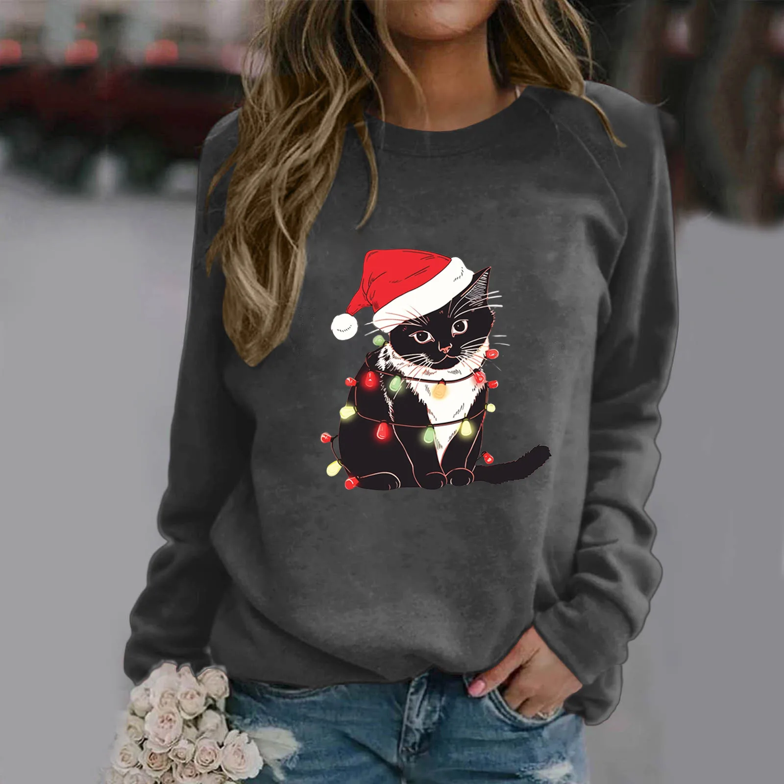 

Christmas Mlik Cat Hoodies Womens Long Sleeve Sweatshirts Oversize Vantage O Neck Pullovers New Year Blouses Xmas Pullovers