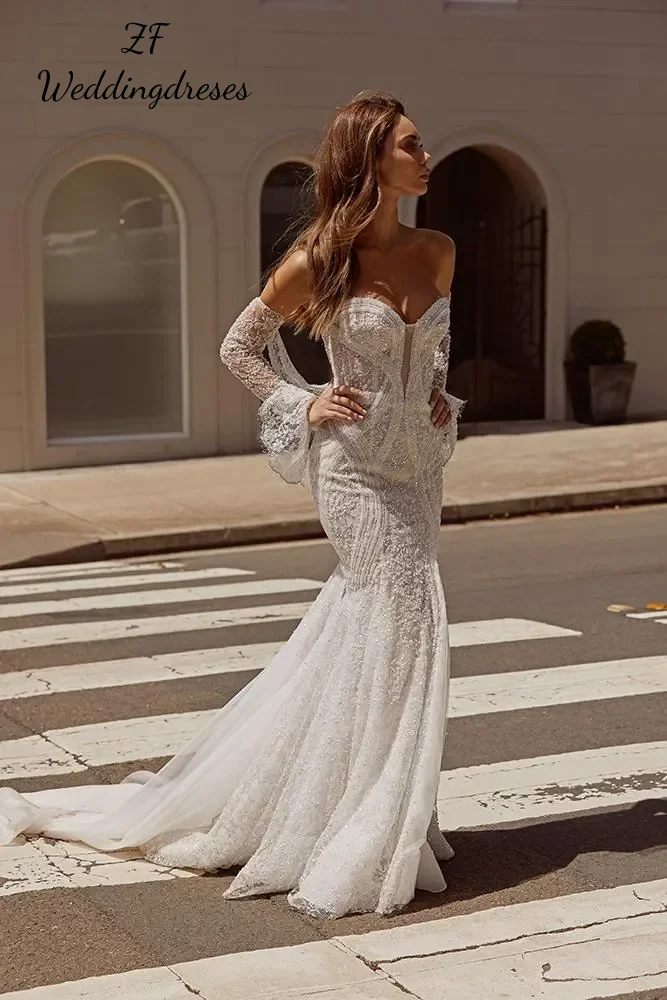 Personalizado mangas compridas sereia vestidos de casamento fora do ombro rendas vestidos de noiva novia