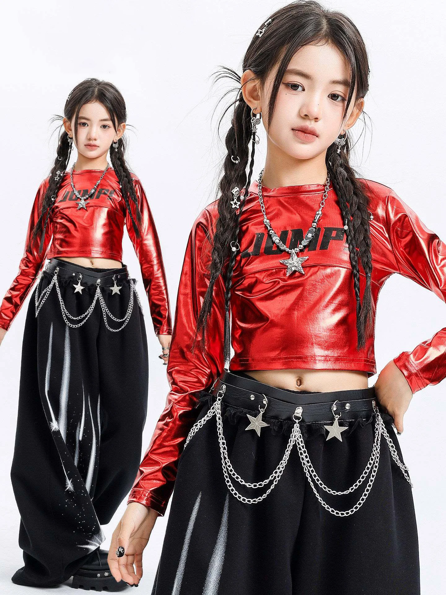 

Одежда для джазовых танцев в стиле K-pop для девочек, красные топы с открытым животом, черные широкие брюки с длинными рукавами, детский костюм в стиле хип-хоп, одежда для концертов и сцены BL18526