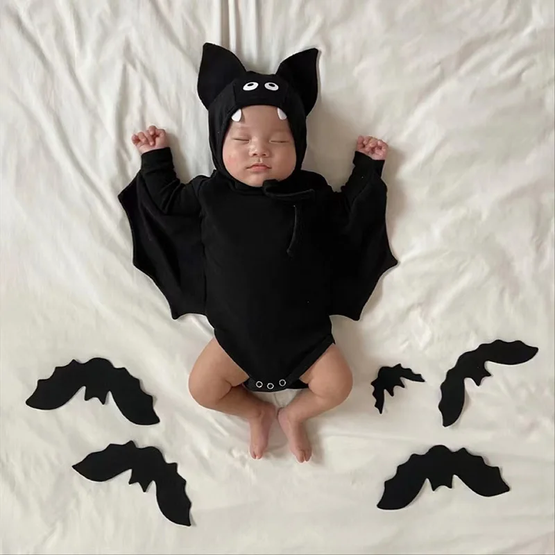 2024 New Baby Halloween Clothes Set Newborn Infant Bat Sleeve Bodysuit + Hat Boys Girls Toddler Kids Halloween Party Clothing