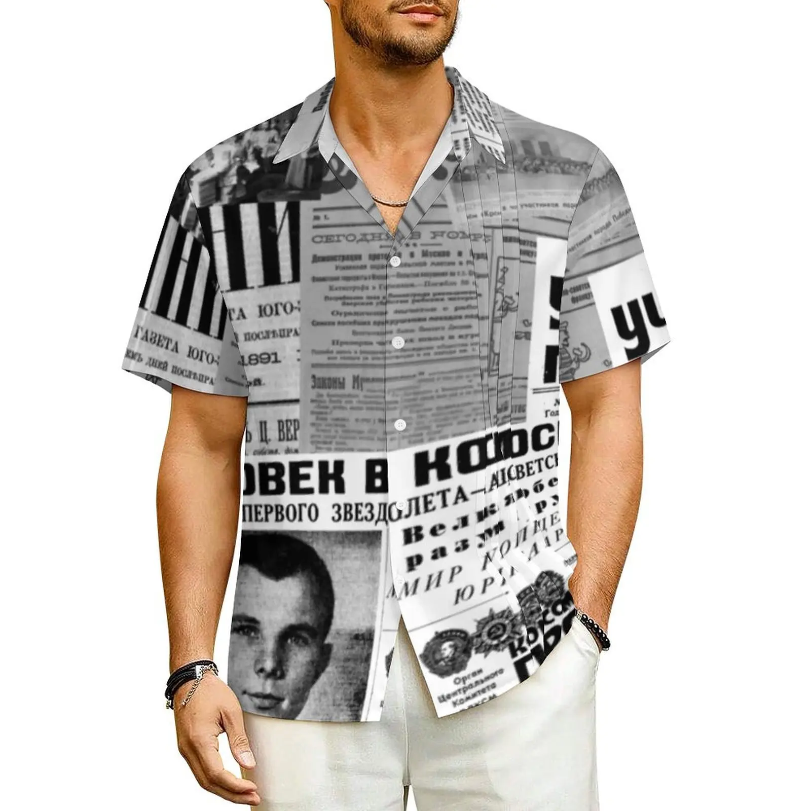 

Russian Newspapers Beach Shirt Newspaper Collage Summer Casual Shirts Men Retro Blouses Short-Sleeve Fashion Custom DIY Clothing