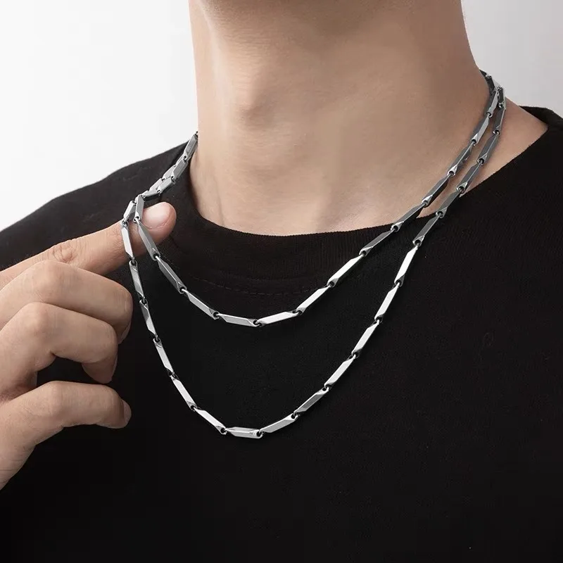 Hip Hop Titanium Steel Necklace Handmade Square Rhombus Chain Bamboo Chain Fashion Men's and Women's Clavicle Chain Accessories