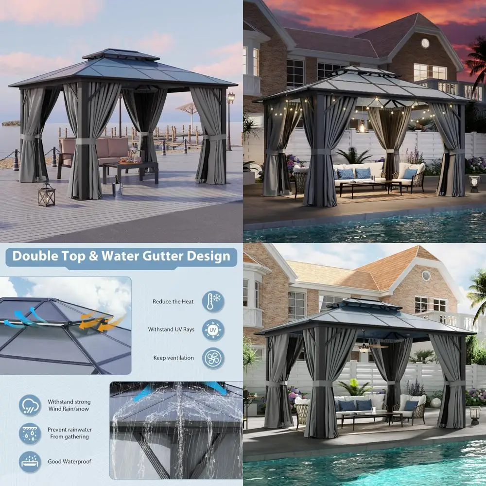 

10'x12' hardtop gazebo, aluminum-framed durable pavilion with curtains & netting, boasting a dual-layer polycarbonate roof, spe