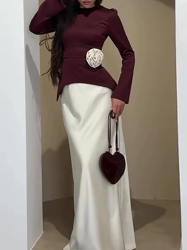 

2026 Elegant Temperament Suit Lady O-neck Long Sleeved And Half Skirt Two Piece Set Spring Autumn Flower Patchwork Party Outfit