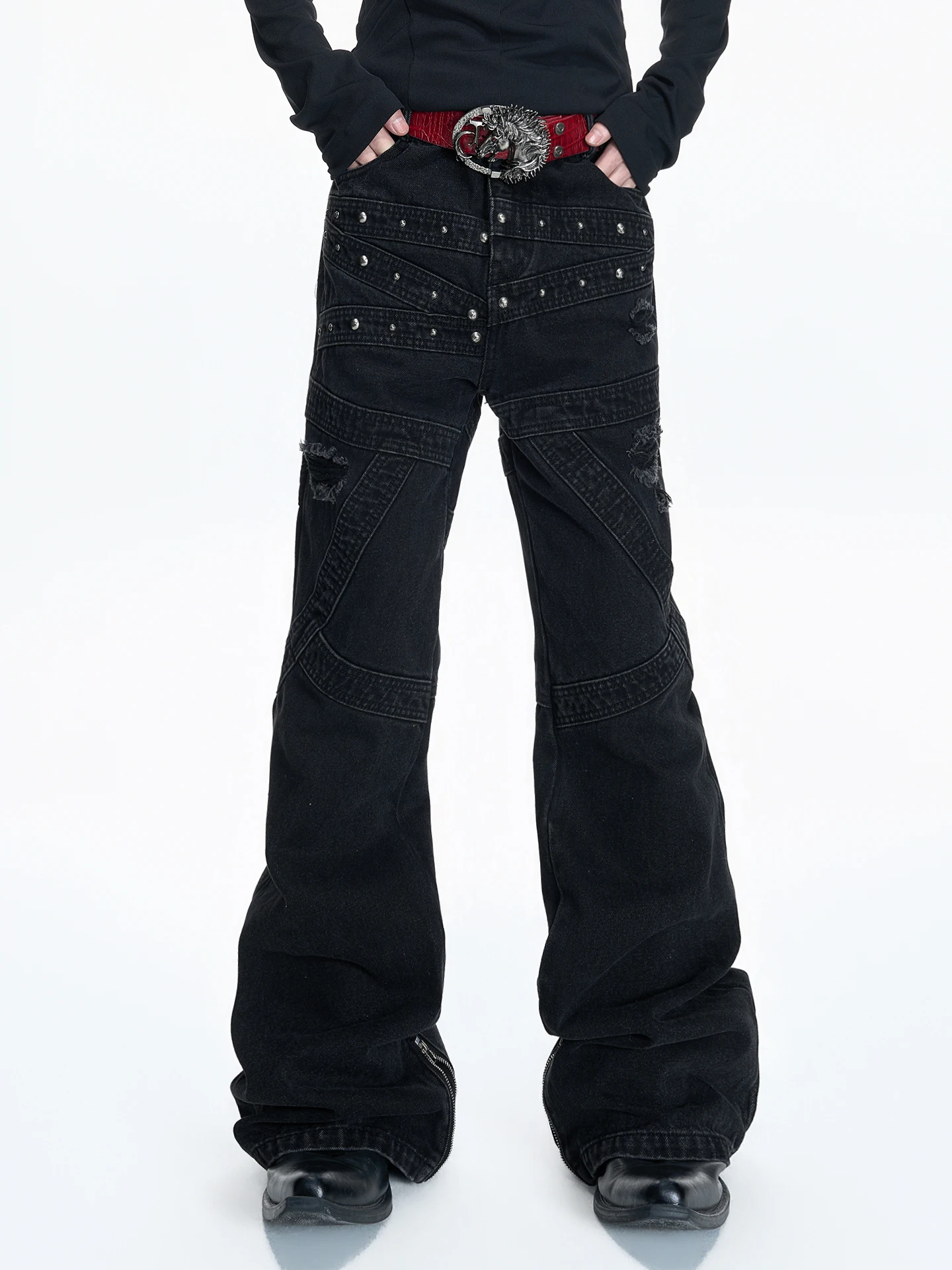 Black Arc Washed Heavy Duty Rivet Destruction Slim Fit Micro Bend Knife Denim Pants Belted Splicing Long Trousers Jeans