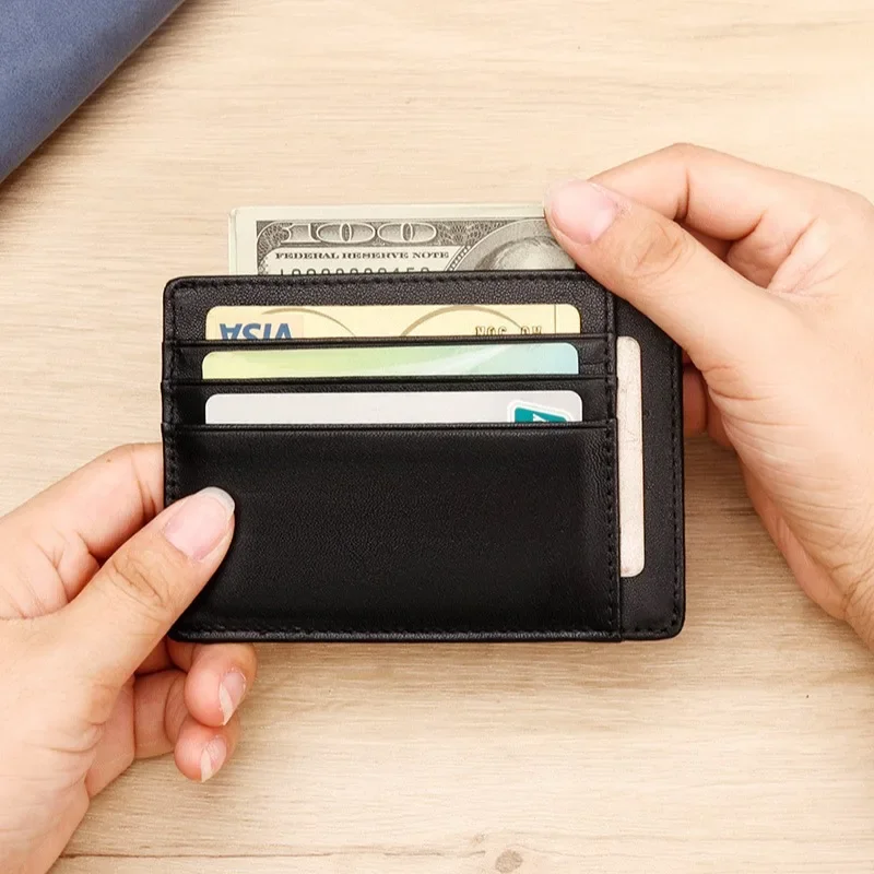 Genuine Leather Men's Credit Card Holder Minimalist Slim Front Pocket Wallet Mini ID Card Holders Small Black Gray Purse for Man