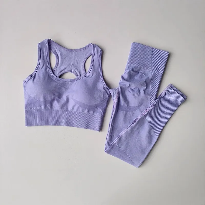 Yoga-Trainingsset für Damen, Rückenfreier Sport-BH mit Kreuzgurt, kombiniert mit Hüftstraffender und hochtaillierter Yoga-Fitnesshose – Detail 12