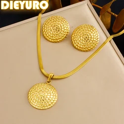 DIEYURO 316L Stainless Steel Golden Round Cushion Pendant Snake Bones Necklace Earrings Set For Womens New Fashion Jewelry Gift