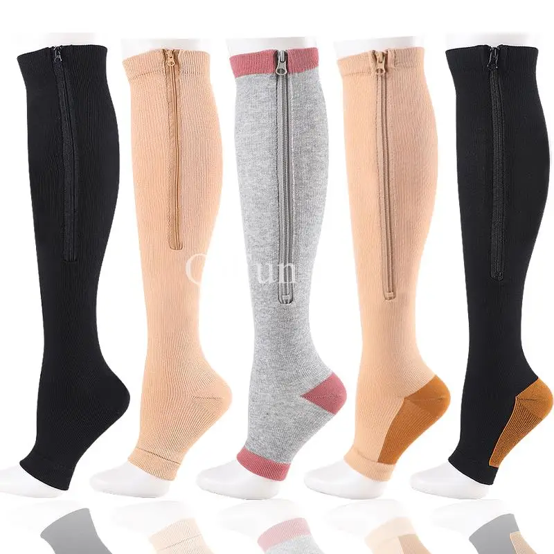 Calcetines De compresión con cremallera para Mujer, medias médicas para prevenir venas varicosas, Punta abierta hasta la rodilla, soporte para piernas, 20-30 Mmhg