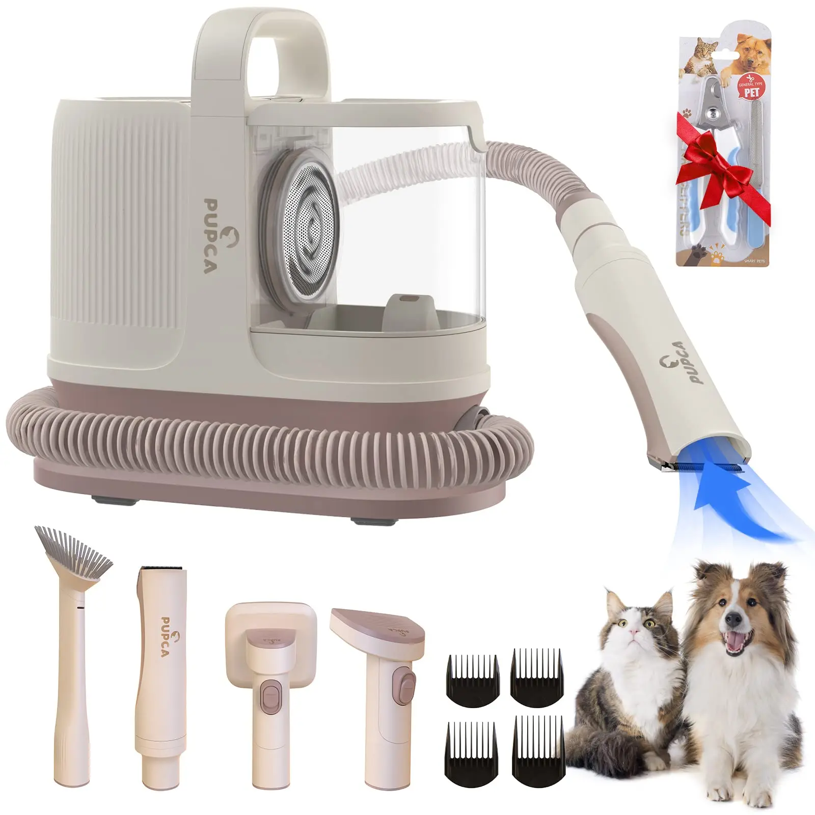 

PUPCA Pet Grooming Kit 1.3L Vacuum Suction 99% Pet Hair 60db Low Noise & 12kpa 3 Levels Suction with 7 Grooming Shedding Tools