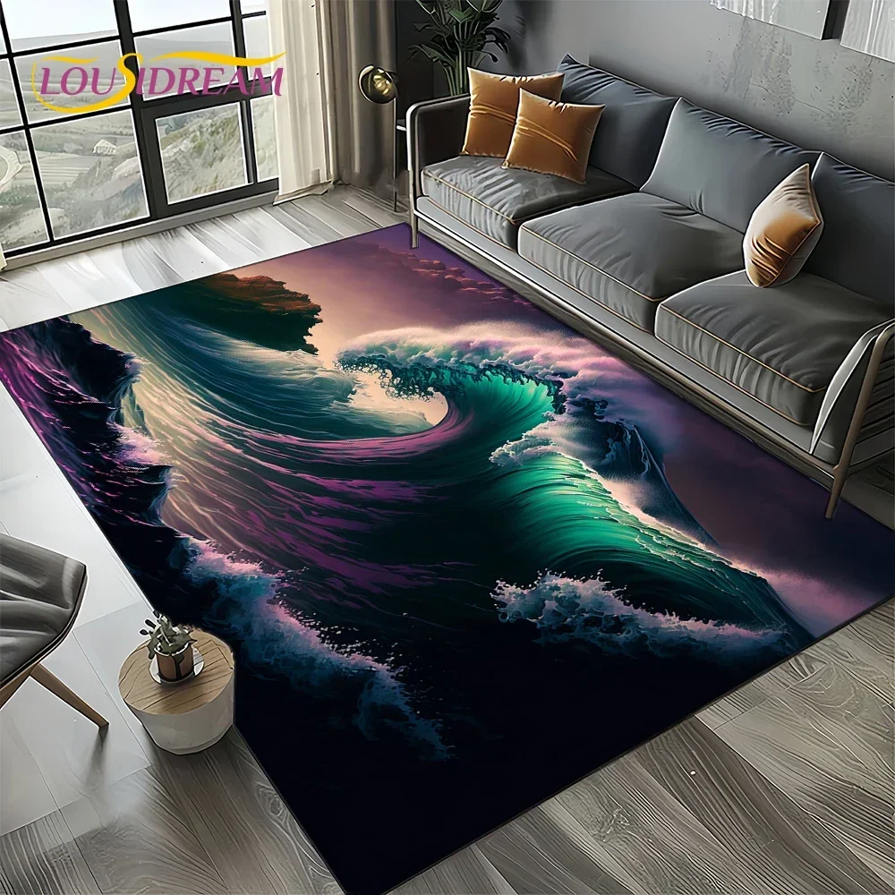 New Style Blue Green Sea Wave Seawater Nature 3D Carpet Rug for Living Room Bedroom Home Sofa Decoration,Non-slip Floor Mat
