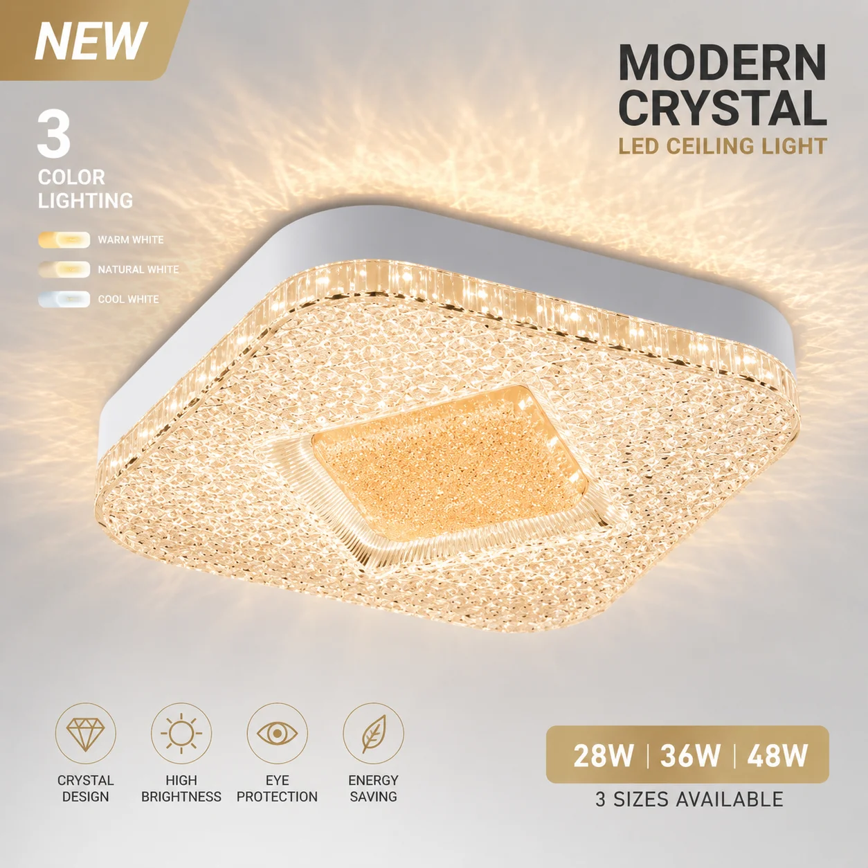 LED Crystal Ceiling Light Flush Mount Fixture 24W 36W 48W 3 Color Dimmable Modern Ceiling Lamp for Bedroom Living Room Kitchen H