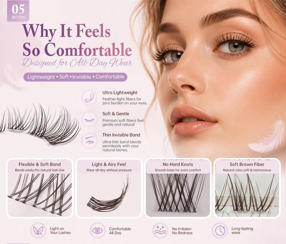 Yelix Natürliche Braune Wispy Cluster Wimpern Gemischt 8-16mm Unsichtbares Weiches Band DIY Wimpernverlängerungen für Heim- und Salongebrauch – Detail 5