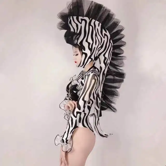 

Sexy Hollow Out Leather Bikini Bodysuit Headdress Outfit Bar Nightclub Festival Clothes Women Zebra Role Playing Cosplay Costume