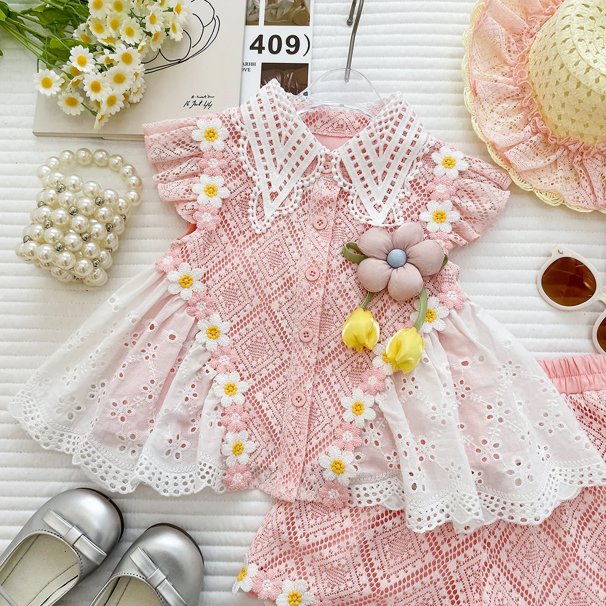 2026 Summer New Girls Set Lace Flower Sleeveless Shirt Top Lace Shorts Little Girl Princess Two Piece Set